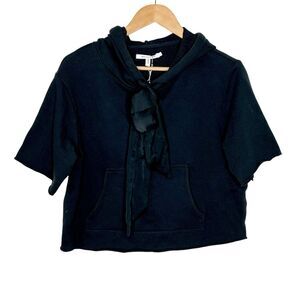 Avec Les Filles Cropped Short Sleeve Hooded Sweatshirt Top Black Womens Small